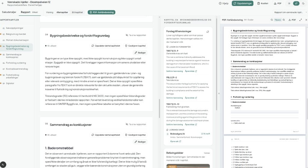 Rapportarbeidsflate i Aivio, med kapittelutkast, lovhenvisninger og PDF-forhåndsvisning